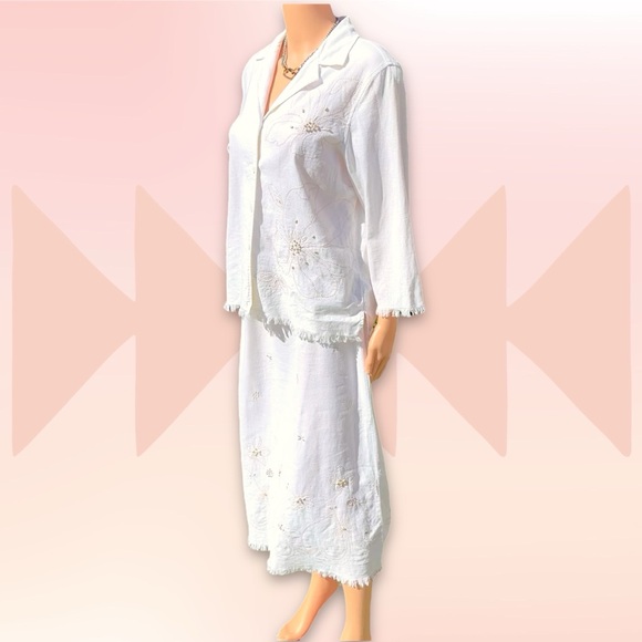 VTG Y2K Linen Blend Skirt Set M/L Top/Lt Jacket Floral Embroidery Requirements - Picture 6 of 16